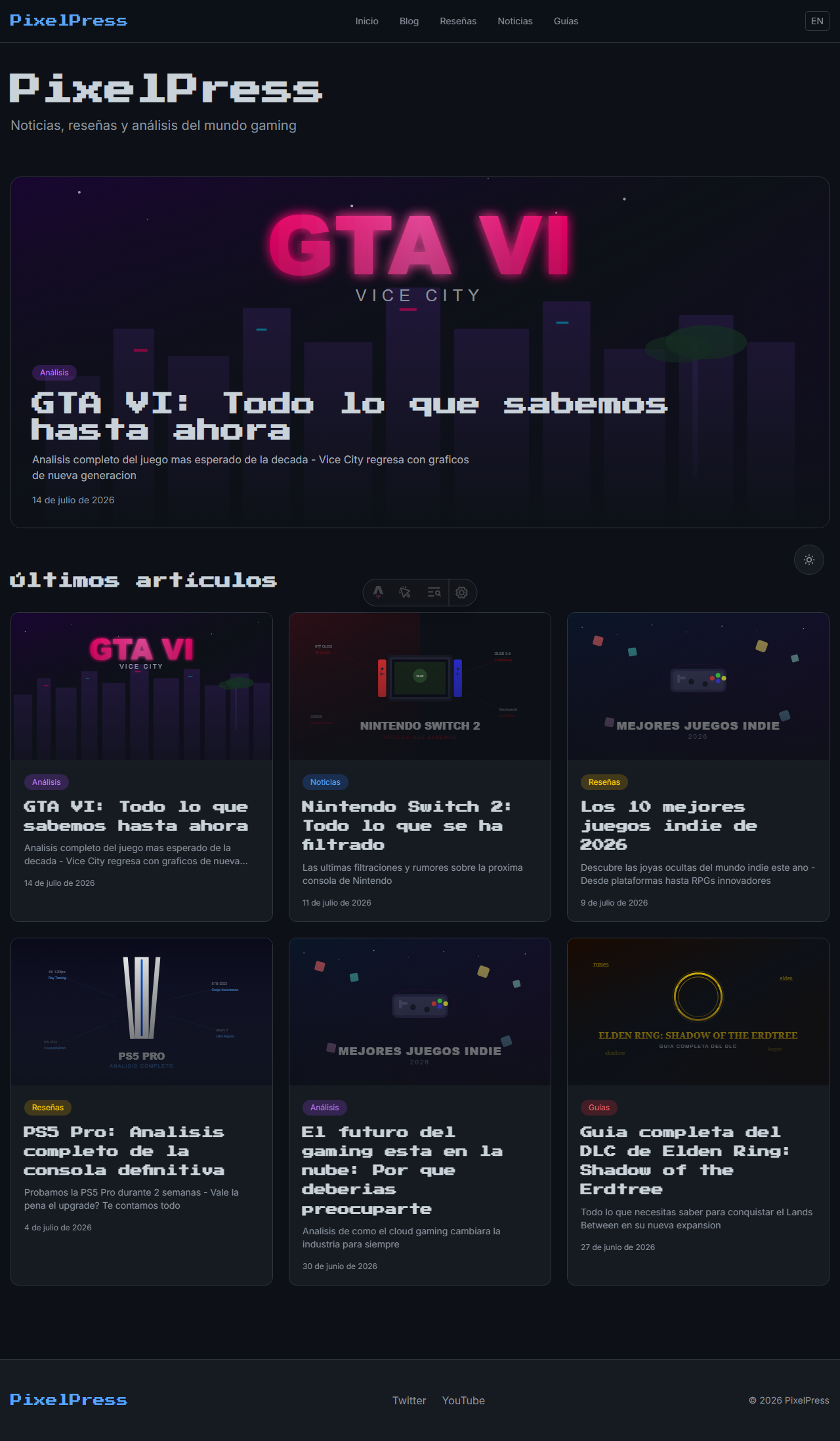 Homepage con artículo destacado y grid de artículos