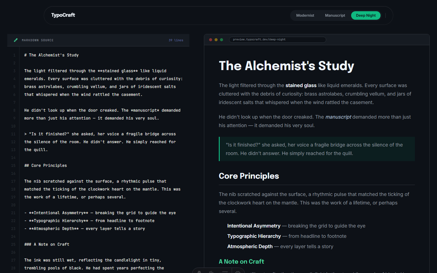 Tema Deep Night con browser chrome mockup