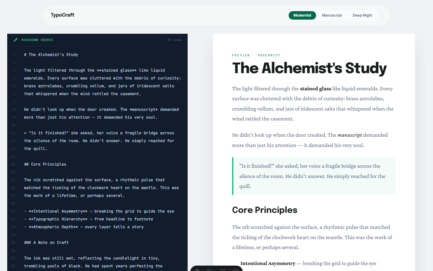 Editor y preview con tema Modernist